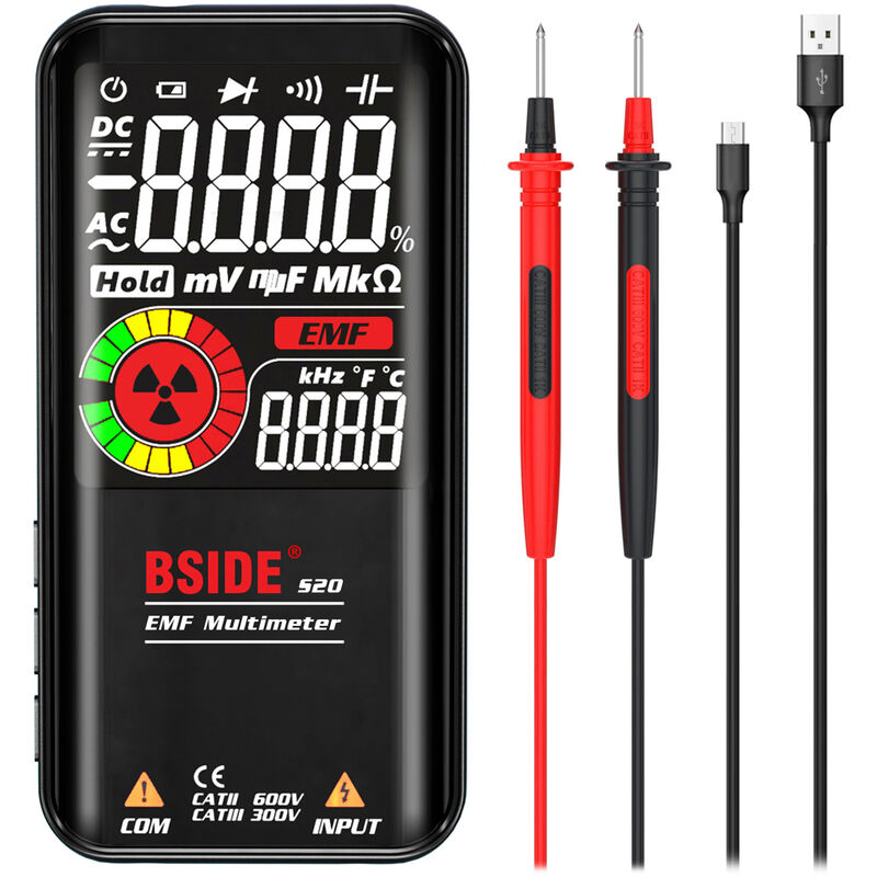 BSIDE S20 Multimetro inteligente EMF Detector de radiacion electromagnetica Pantalla a color de 3,5 pulgadas 9999 Recuentos Rango automatico Medidor universal recargable Monitor de radiacion Voltimetro de CA / CC Prueba de ohmimetro Capacitancia Frecuencia Diodo Continuidad Firewire Reconocer con linterna Retencion de datos