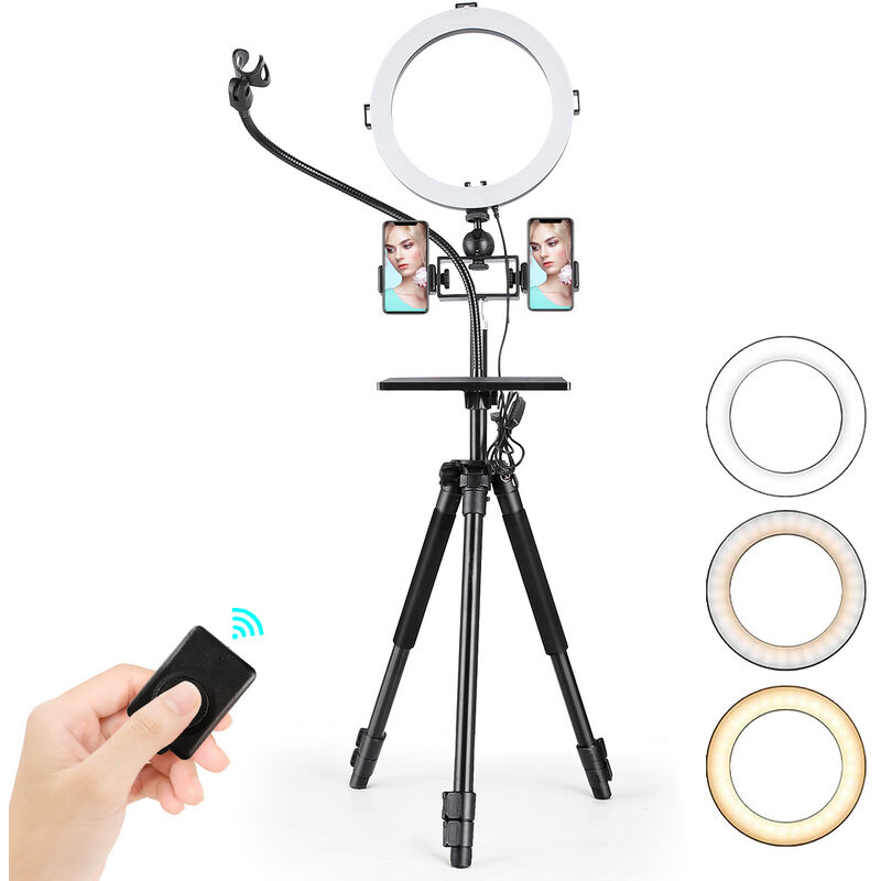 Andoer - Kit de anillo de luz LED de 10 pulgadas / 26 cm 3000K-6500K 3 modos de iluminacion Regulable USB alimentado con tripode de 145 cm + Soporte de montaje + 2 soportes para telefono + Clip de microfono flexible + Bandeja multifuncional + Obturador remoto para transmision en vivo Video en linea Maquillaje Selfie Vlog