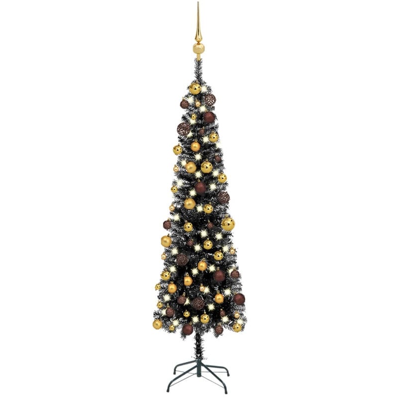 arbol de Navidad estrecho con LEDs y bolas negro 240 cm