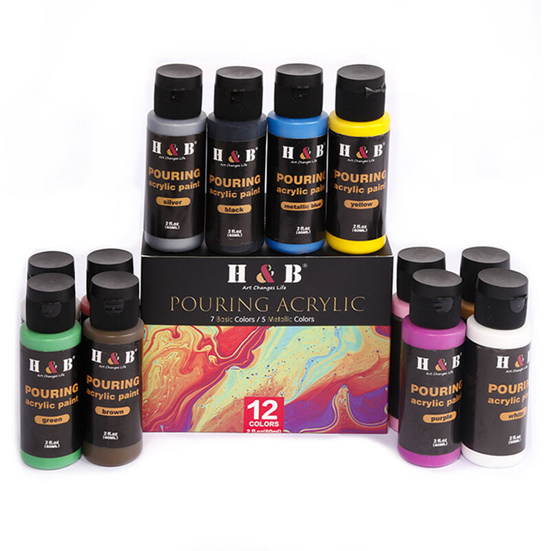 H&B - Juego de pintura acrilica para verter de 12 colores, 60 ml / 2 onzas liquidas, cada botella, suministros de pinturas artisticas no toxicas para ninos, estudiantes, principiantes, adultos, artista, pintor, pintura sobre lienzo, papel, madera, piedra, ceramica, manualidades