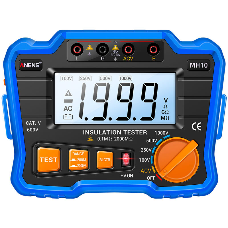 ANENG MH10 Medidor Digital de Resistencia de Aislamiento, 0.1MΩ-2000MΩ LCD Retroiluminado Megohmetro, Voltaje de salida 100/ 250/ 500/ 1000V, AC 750V, con bolsa de cremallera,Azul