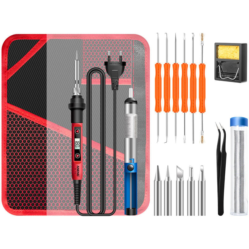 ANENG Kit de soldador, con pantalla digital LCD, herramienta de soldadura de temperatura ajustable de 60W, para la reparación de componentes electrónicos,Kit de soldador de 17 piezas y enchufe de la UE