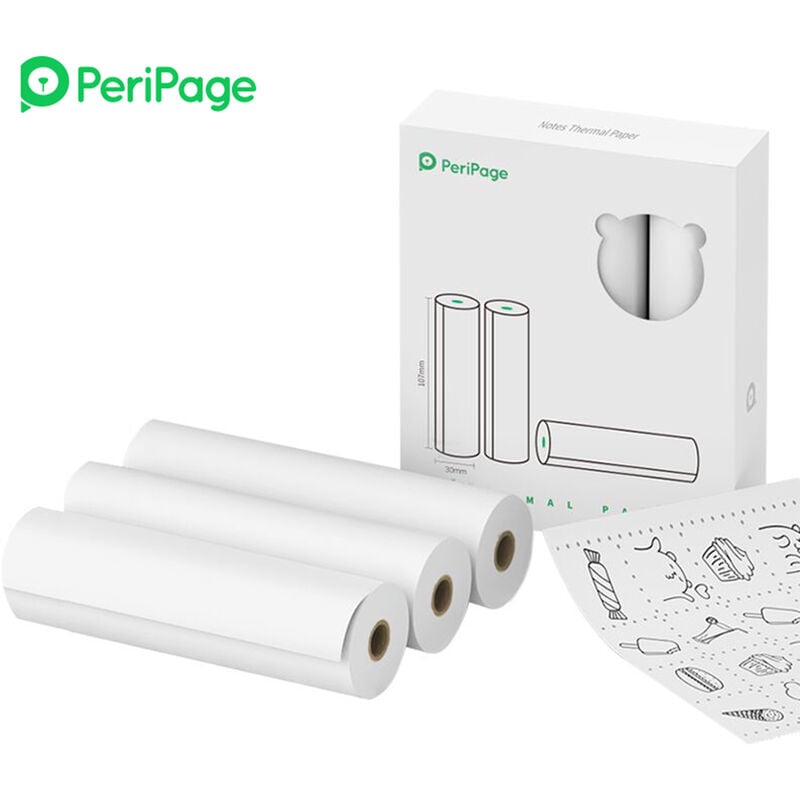 PeriPage 107 x 30 mm Notas Rollo de papel térmico Sin BPA No adhesivo Papel de impresión de recibos Impermeable A prueba de aceite A prueba de fricción para PeriPage A9 Max / A9s Max Mini impresora térmica inalámbrica BT, 3 rollos