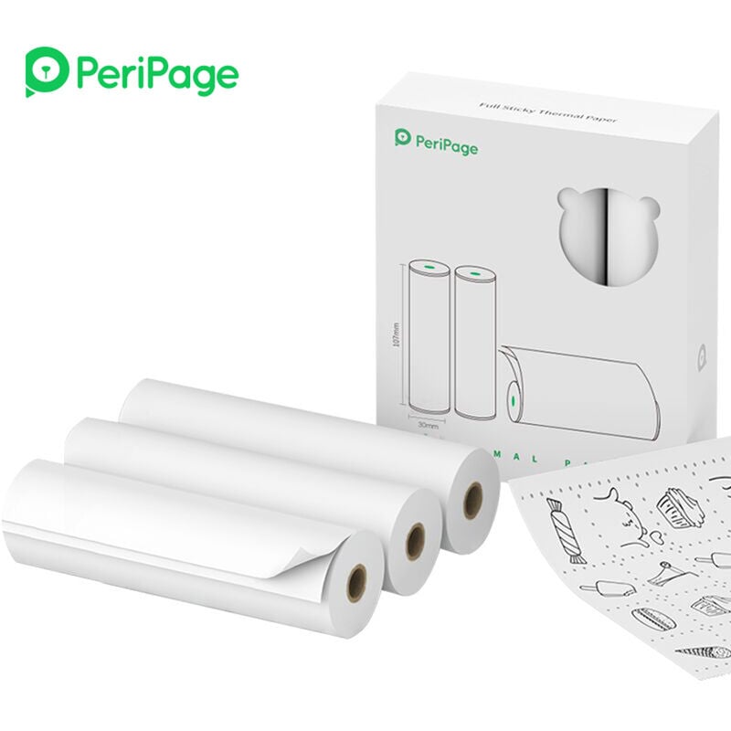 PeriPage 107 x 30 mm Rollo de pegatinas imprimibles Papel térmico autoadhesivo sin BPA Papel adhesivo Impermeable a prueba de aceite A prueba de fricción para PeriPage A9 Max / A9s Max Mini BT Impresora térmica inalámbrica móvil, 3 rollos