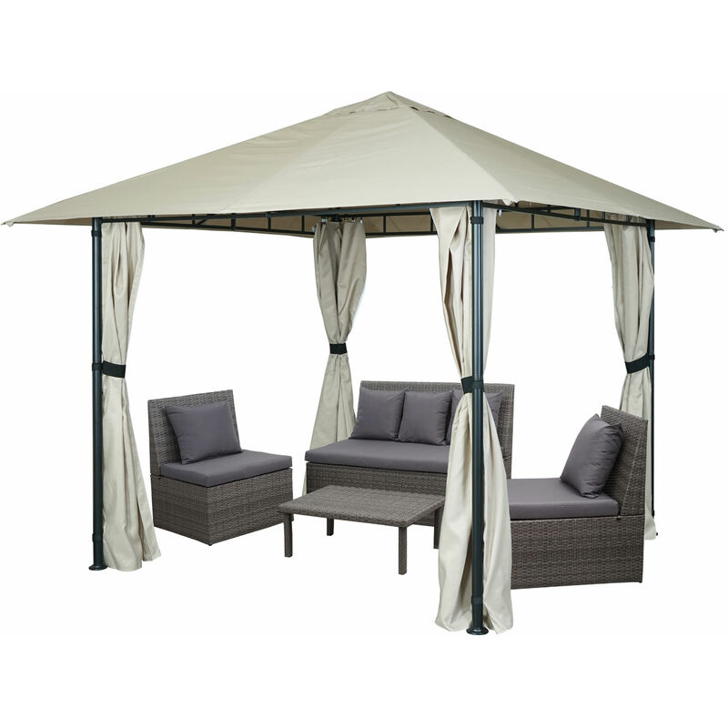 Gazebo pergola baldacchino con tende laterali HWC-J63 acciaio poliestere  3x3m avorio beige