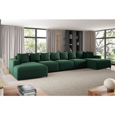 Wohnlandschaft Sofa U-Form Designersofa MEGAN XL in Stoff Salvador Dunkelgrün (1/2)
