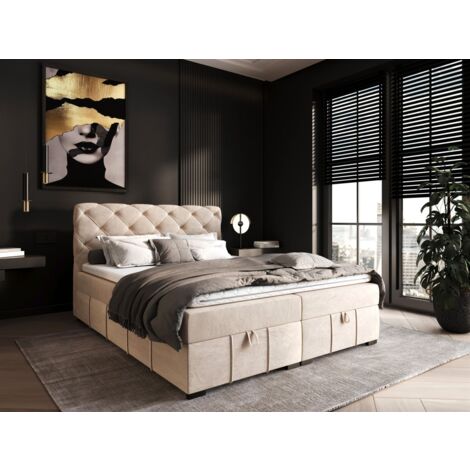 Boxspringbett Schlafzimmerbett GISEL 180x200cm Stoff Salvador Creme (1/5)