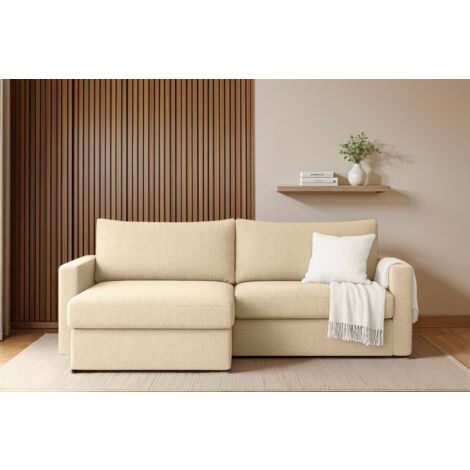 Ecksofa Sofa mit Schlaffunktion BENDIK Stoff Faro Creme Ottomane Links (1/3)