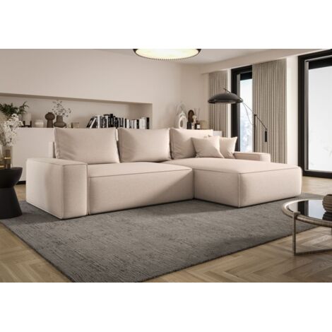 Ecksofa Schlafsofa Sofa WALKEN Stoff Aragon Creme Ottomane Rechts (1/4)