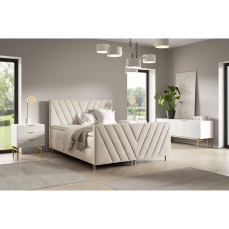 Boxspringbett Schlafzimmerbett CARLITO PREMIUM 140x220cm Stoff Fresh Altweiß (1/4)