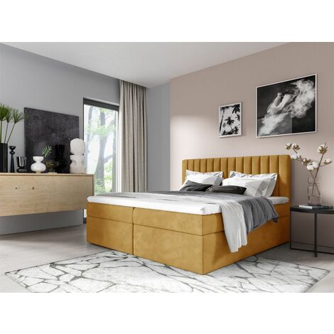 Boxspringbett Schlafzimmerbett LINNEA 160x200cm Stoff Senf inkl. Bettkasten (1/2)