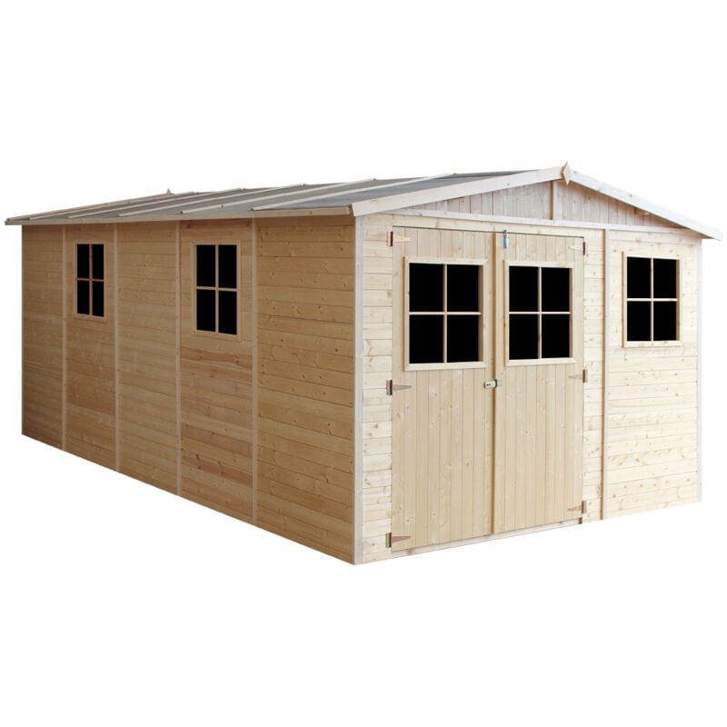 TIMBELA Cobertizo de Madera para jardín Taller de Jardín 418x420cm/16m2 Cobertizo de Madera Natural Bicicleta Almacenamiento de Herramientas M330