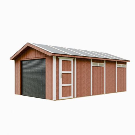 Garaje de calidad premium 21 m²- L378 x L648 cm - garaje para coches, motos, bicicletas, máquinas de jardinería - Construcción con paneles LP Smartside - Timbela M992B-REDWOOD RED