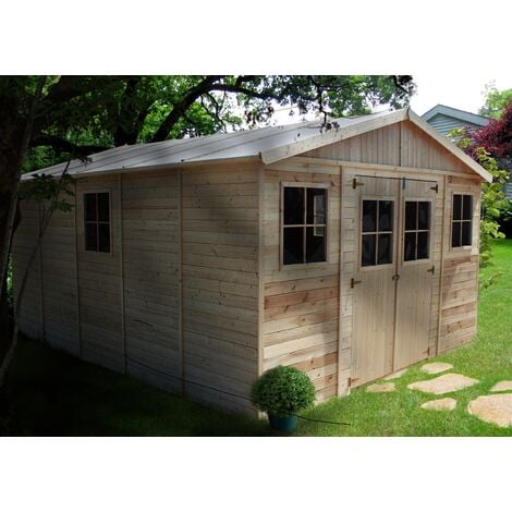 TIMBELA Cobertizo de Madera para jardín Taller de Jardín 418x420cm/16m2 Cobertizo de Madera Natural Bicicleta Almacenamiento de Herramientas M330