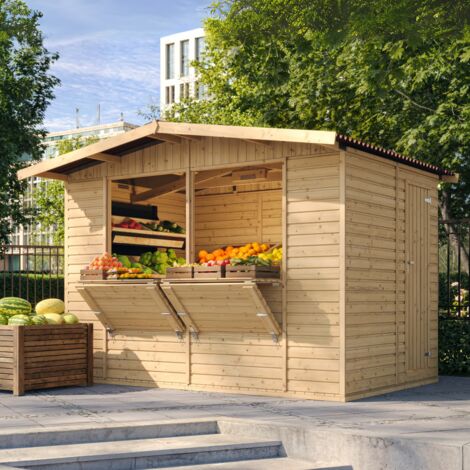 Caseta de Jardín de Madera con Piso, Mostrador y Puerta exteriores H232x336x263 cm/6 m2 Puesto de Jardin Venta, Kiosko Bar, Kiosco Mercado y Eventos TIMBELA M150