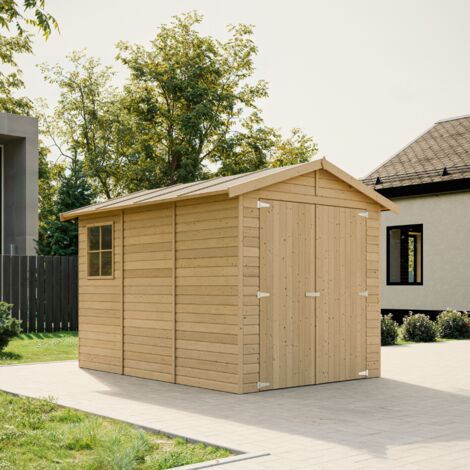 GARAJE de madera natural - cobertizo en pino / abeto - A222x224x320 cm / 6 m² - Construcción de paneles - Taller de jardinería - almacenamiento de motos, cobertizo para herramientas-TIMBELA M105