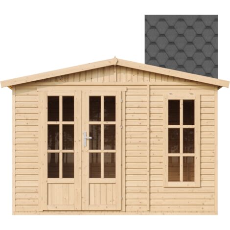 Caseta de jardín de madera de 6 m2 - Cobertizo jardin exterior con suelo, ventana, puerta doble - Cabaña de jardín para trabajar en casa - con tejas bituminosas negro - TIMBELA M334FB+H334FBBLACK