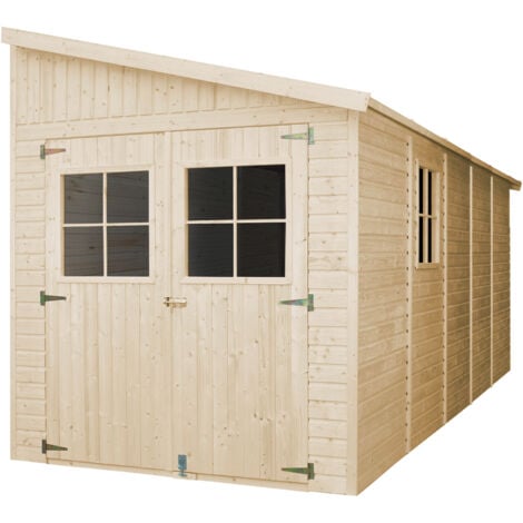 Cobertizo de madera para jardín CON PARED LATERAL – H244x218x514 cm/10.1m2 Cobertizo de madera natural - Taller de Jardín - Bicicleta, Almacenamiento de herramientas TIMBELA M341A