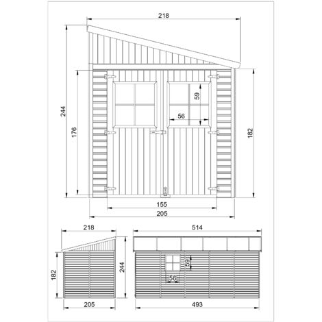 Cobertizo de madera para jardín CON PARED LATERAL – H244x218x514 cm/10.1m2 Cobertizo de madera natural - Taller de Jardín - Bicicleta, Almacenamiento de herramientas TIMBELA M341A