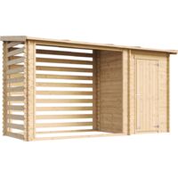 Caseta de jardín con leñero de madera - exteriores 348 x 146 x H199 cm - casita de madera 1,1 m2 - leñero 3,8 m3 - leñero exterior con caseta de jardín - TIMBELA M205