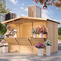 Caseta de Jardín de Madera con Piso, Mostrador y Puerta TRES VENTANAS, exteriores H232x336x263 cm/6 m2 Puesto de Jardin Venta, Kiosko Bar, Kiosco Mercado y Eventos TIMBELA M150A