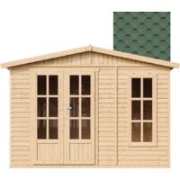 Caseta de jardín de madera de 6 m2 - Cobertizo jardin exterior con suelo, ventana, puerta doble - Cabaña de jardín para trabajar en casa - con tejas bituminosas verde - TIMBELA M334FB+H334FBGREEN