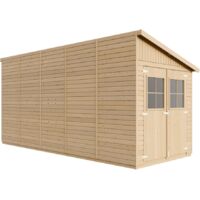 Cobertizo de madera para jardín CON PARED LATERAL – H244x218x514 cm/10.1m2 Cobertizo de madera natural - Taller de Jardín - Bicicleta, Almacenamiento de herramientas TIMBELA M341A