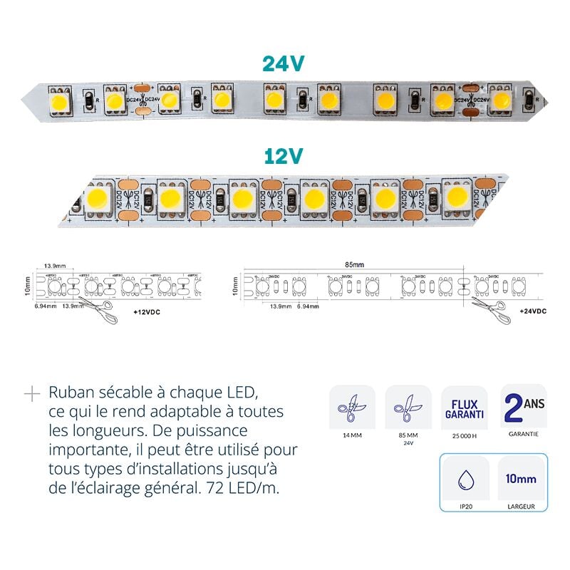 Pack Ruban LED 5m 72LED/m IP20 - 24V avec télécommande WOLTZ