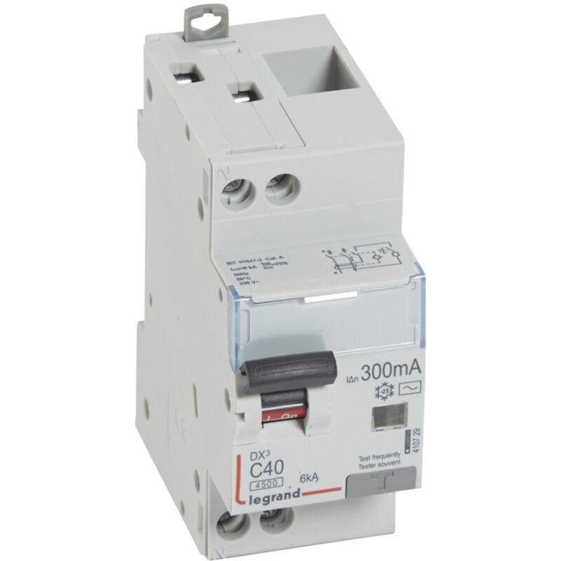 Disjoncteur différentiel DX³4500 arrivée haute et départ bas à vis U+N 230V 40A type AC 300mA courbe C 2 modules LEGRAND 410729