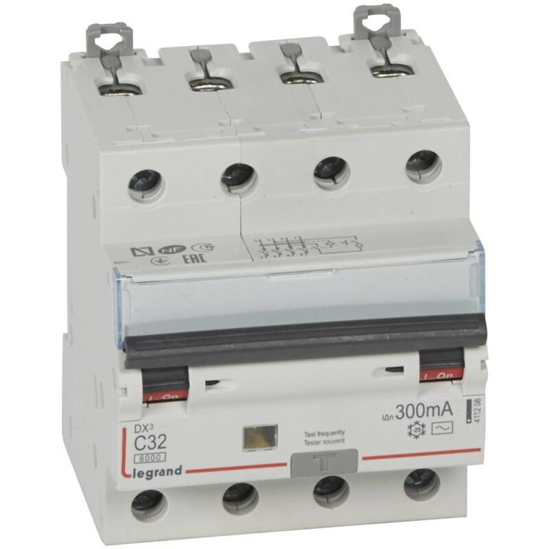 Disjoncteur différentiel DX3 6000 vis/vis 4 Pôles 400V 32A type AC 300mA 10kA courbe C 4 Modules LEGRAND 411208