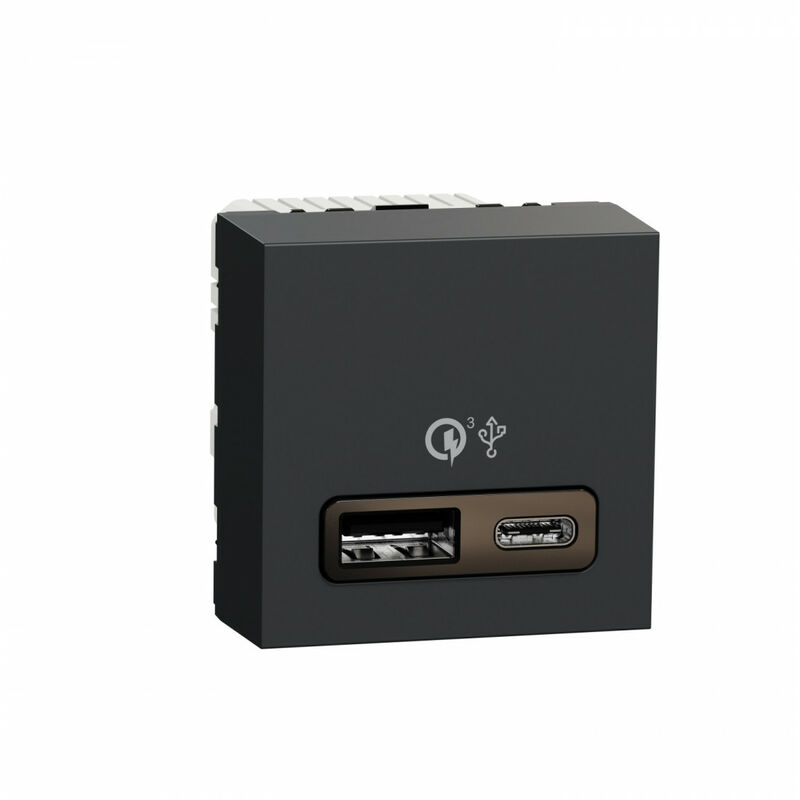 Kit prise double USB 2.1A graphite encastré + support + plaque Unica