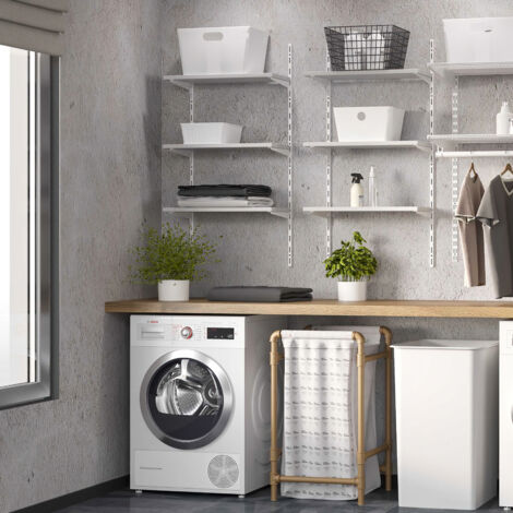 Emuca – Kit de crémaillère pour 3 étagères – Supports muraux 230mm en acier laqué blanc – Charge max 27kg par étagère – Vis et chevilles incluses