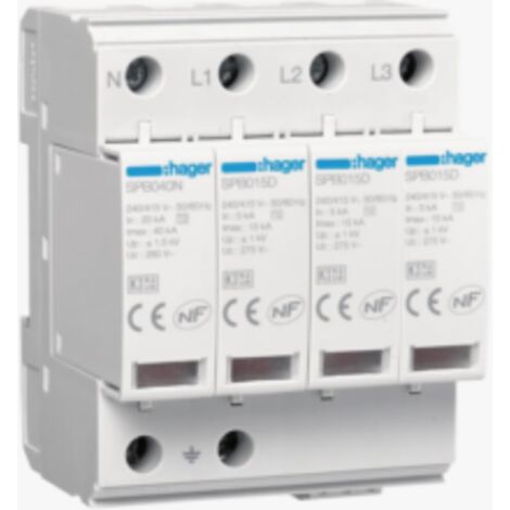 Parafoudre 4 Pôles T2 TNS/TT Uc 275V In 5kA Imax 15kA telesignalisation HAGER SPB415R (1/2)