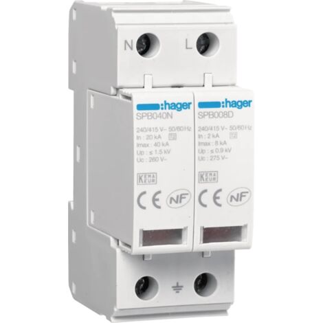 Parafoudre 2 Pôles TNS/TT Uc 275V In 2 kA Imax 8 kA Up 1kV HAGER SPB208D