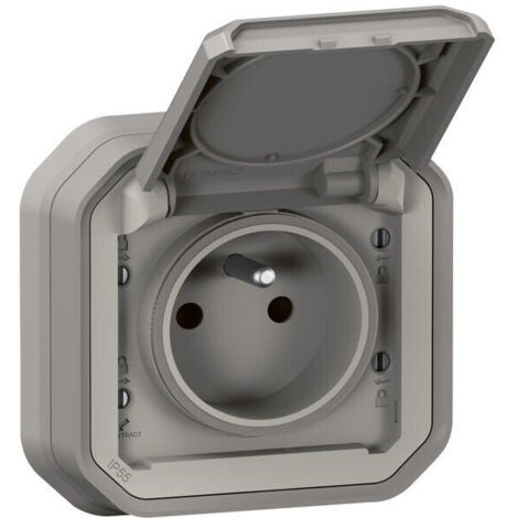 Prise de courant avec volet Plexo complet encastré avec griffes gris LEGRAND 070031