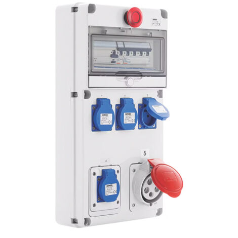 Gewiss – Coffret de chantier triphasé IP44 avec différentiel 3MA – 4 prises 230V 16A, 1 prise 400V 32A, arrêt d'urgence intégré – Alimentation sécurisée