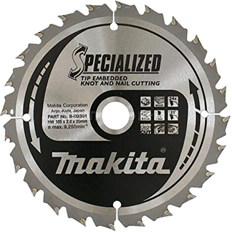 LAME CARBURE MAKITA Ø 165 MM ''SPECIALIZED'' BOIS AVEC CLOUS POUR SCIES CIRCULAIRES (24 DENTS) -B-09391