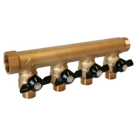 Somatherm – Collecteur sanitaire monobloc M-F 3/4' – 4 départs 1/2' avec mini-vannes – Entraxe 50 mm – Mâle/femelle 20/27