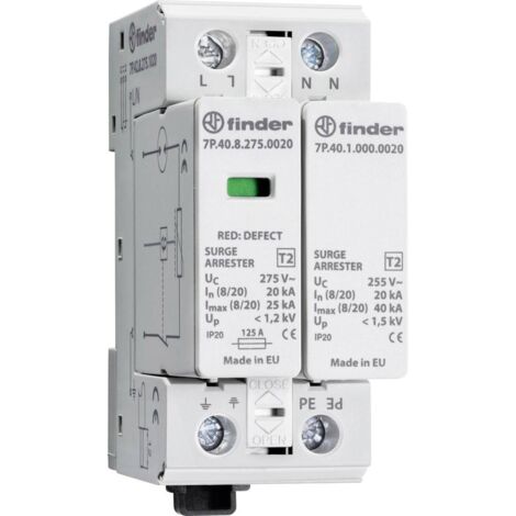 Paraf T2 mono varistor + éclateur 230V In20kA Up1,2kV Télésignalisation FINDER 7P4282751020 (1/2)
