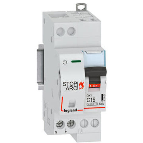 Disjoncteur DX³ STOP ARC 4500 6kA arrivée haute auto sortie basse à vis 1P+N 230V 16A courbe C 2 modules LEGRAND 415901
