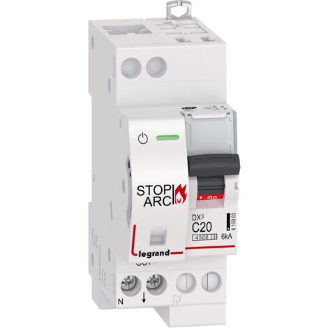 Disjoncteur DX³ STOP ARC 4500 6kA arrivée haute auto sortie basse borne à vis 1P+N 230V 20A courbe C 2 modules LEGRAND 415902