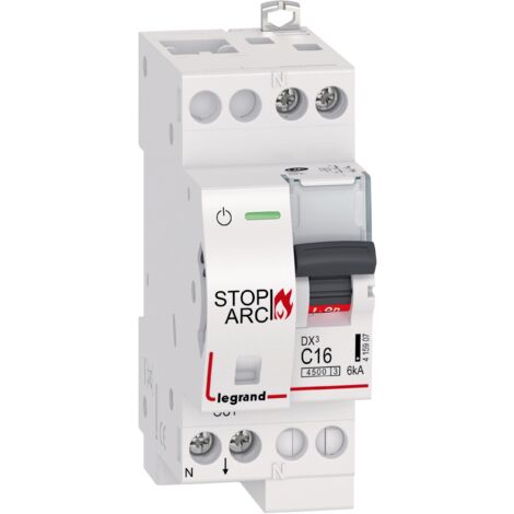Disjoncteur DX³ STOP ARC 4500 6kA arrivée haute et sortie basse borne à vis 1P+N 230V 16A courbe C 2 modules LEGRAND 415907