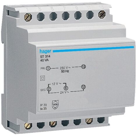 Hager – Transformateur de sécurité 40VA 230V-12 à 24V – Toroïdal – 4 modules – Protection contre surcharges et courts-circuits – Encastrable (1/3)