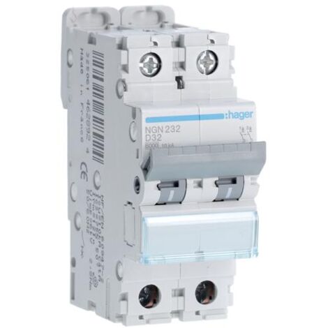 Disjoncteur 2 Pôles 10kA courbe D 32A 2 modules HAGER NGN232