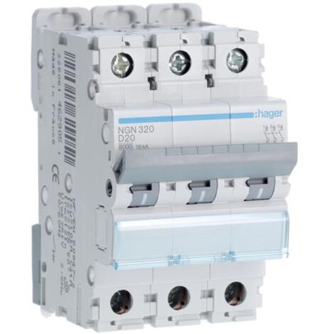 Disjoncteur 3 Pôles 6-10kA courbe D 20A 3 modules HAGER NGN320