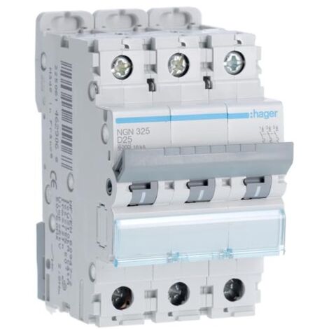 Disjoncteur 3 Pôles 6-10kA courbe D 25A 3 modules HAGER NGN325 (1/4)