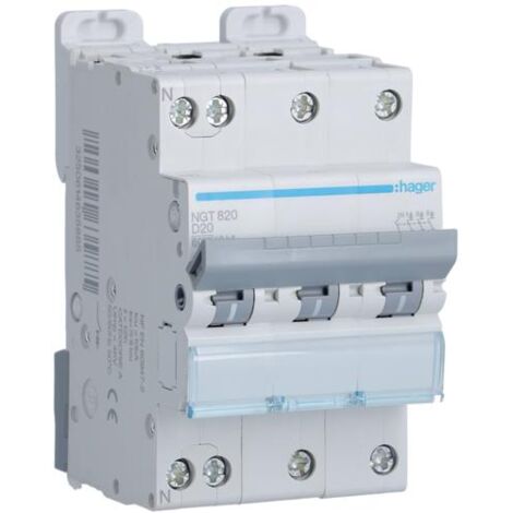Disjoncteur 3 Pôles et Neutre 10kA courbe D 20A 3 modules HAGER NGT820