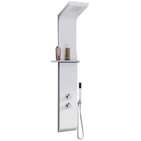Kinedo – Colonne de douche thermostatique – Mitigeur encastré – Douche de tête effet pluie – Flexible anti-torsions – Finition blanche ABS (1/3)