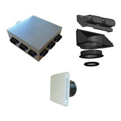 Kit Accessoires VMC Double Flux - PLI 50 T5/4S UNELVENT - 600070  Kit accessoires pour réseau Pluggit logement jusqu'á T5 et 4 sanitaires. Montage par plenum de répartition. Bouches d'extration et de soufflage extra-plate design BDO 80mm et 125mm