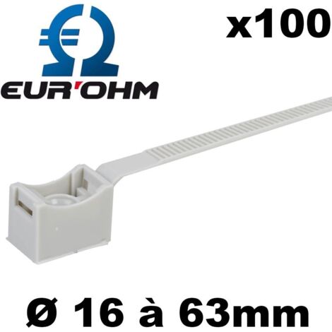 Eur Ohm – Collier de serrage pour tube IRO – Diamètre 40 à 63mm – Boîte de 100 unités – Embase de fixation compatible avec chevilles